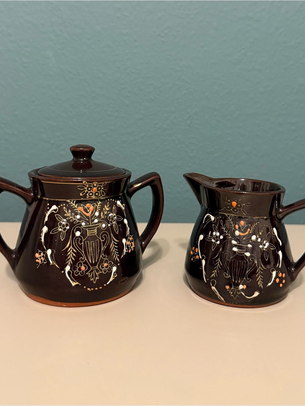 Vintage Japanese Redware Moriage Hand Painted Sugar and Creamer